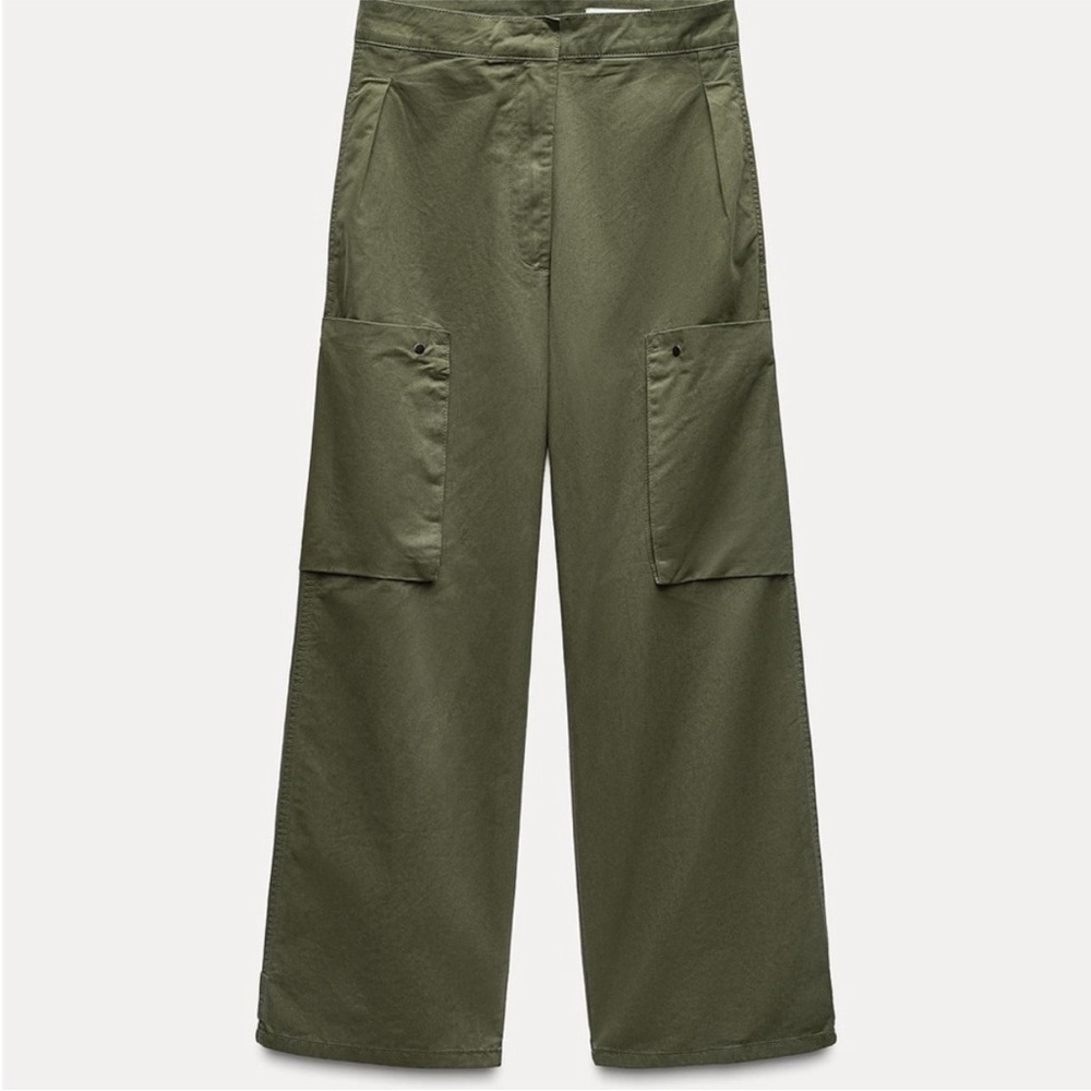 Zara Olive Green Pleated Cargo High Rise Chino Trouser Size 2 - Picture 9 of 9